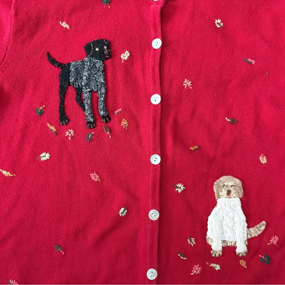 Vintage 90s Talbots Red Dog Appliqué Knit Sweater Cardigan Size M - Picture 2 of 8